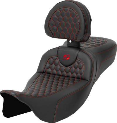 Seat - Saddlemen - RoadSofa - Honeycomb - Red Stitching - Extended Reach - with Backrest - FLH/FLT '08-'23