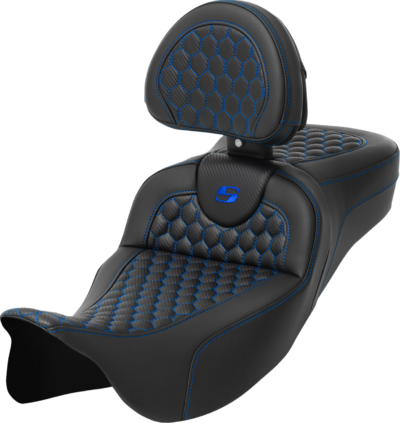 Seat - Saddlemen - RoadSofa - Honeycomb - Blue Stitching - Extended Reach - with Backrest - FLH/FLT '08-'23