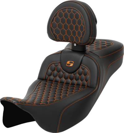 Seat - Saddlemen - RoadSofa - Honeycomb - Orange Stitching - Extended Reach - with Backrest - FLH/FLT '08-'23