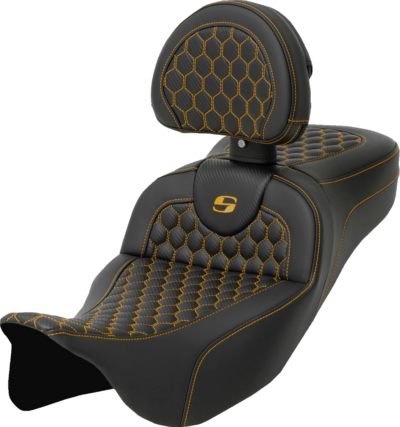 Seat - Saddlemen - RoadSofa - Honeycomb - Gold Stitching - Extended Reach - with Backrest - FLH/FLT '08-'23